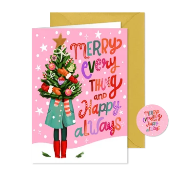 Kerstkaart vrouw met kerstboom merry everything happy always